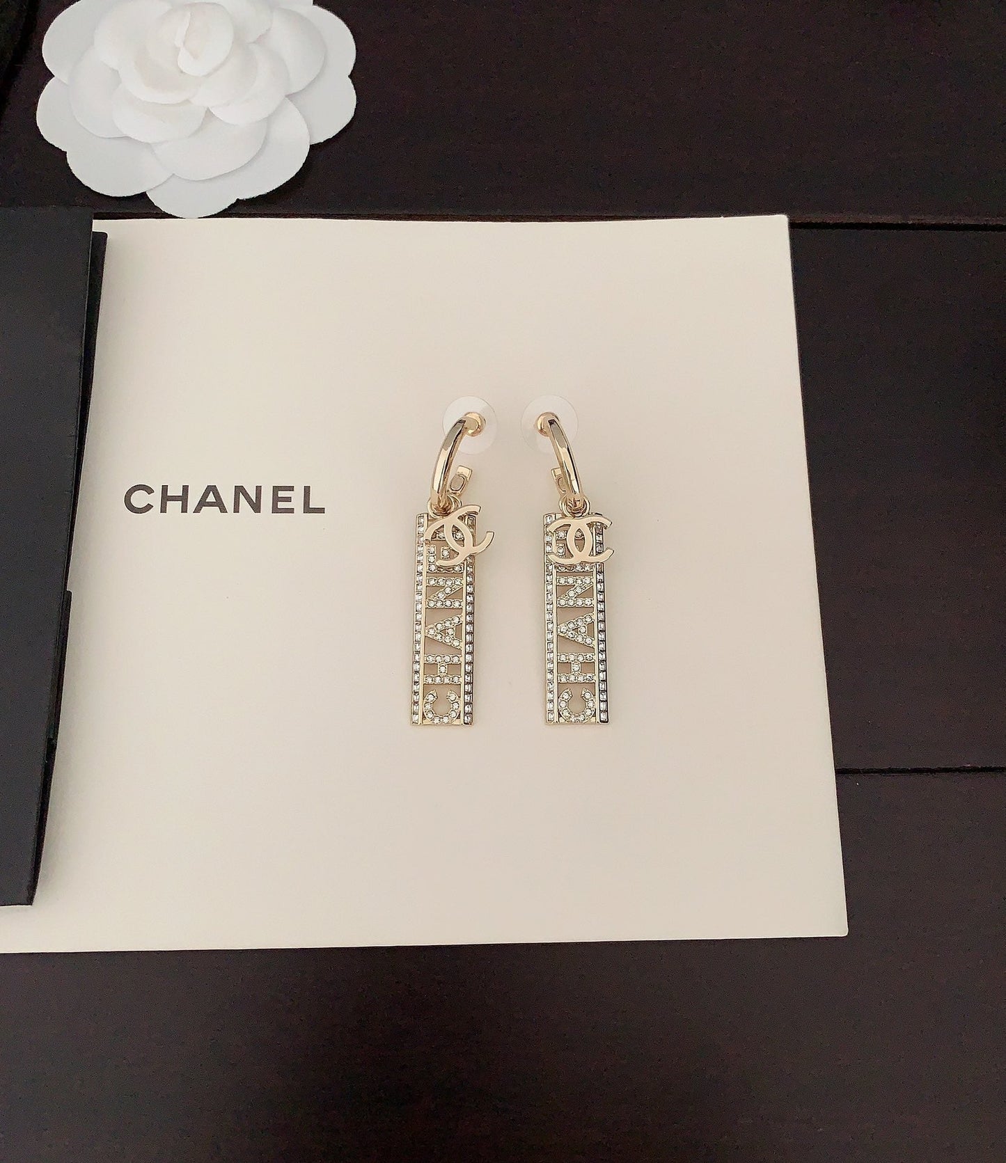 18K  Chanel Crystals Long Letter Earrings