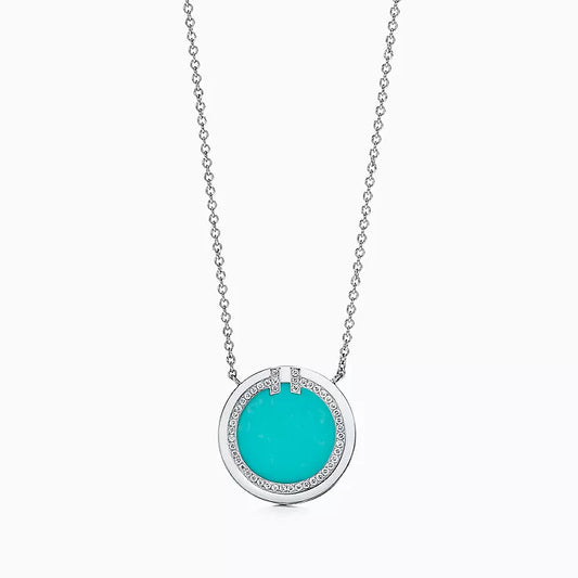 18K Tiffany Diamond & Turquoise Circle Pendant Necklace